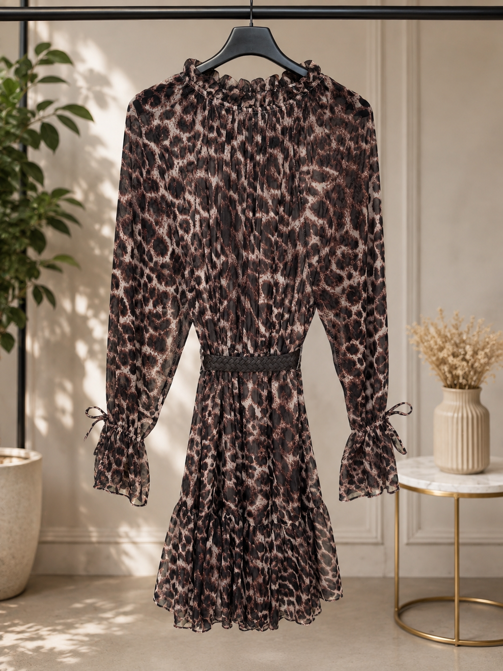 Abito leopardato con balza marrone