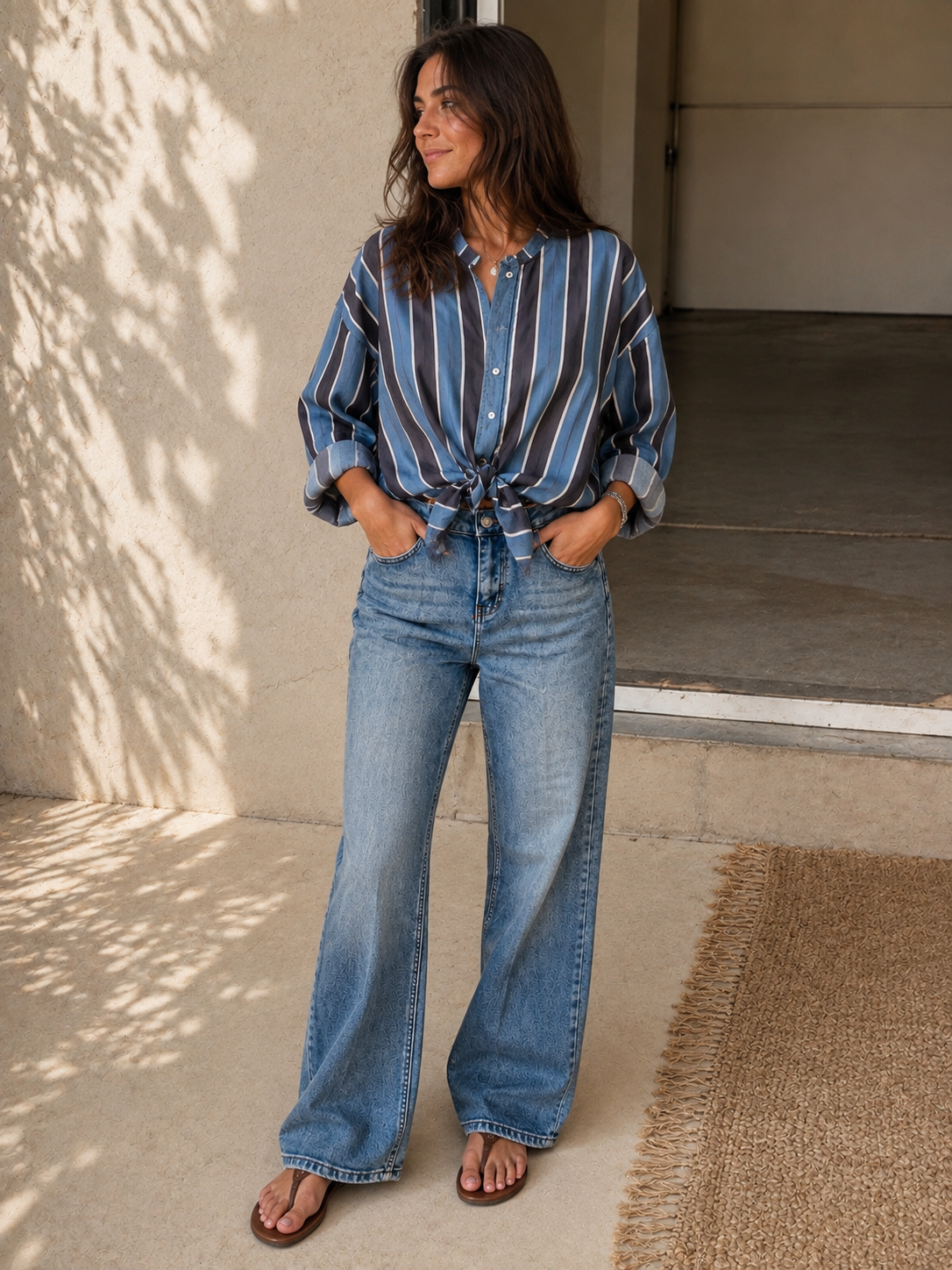 Camicia righe marrone panna celeste