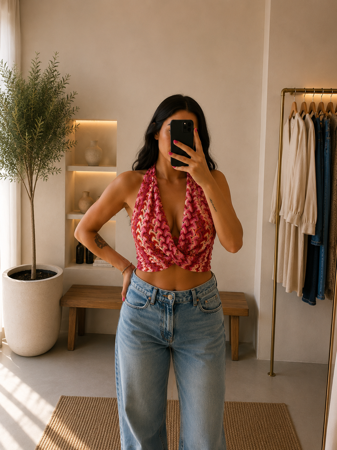 Top halter incrociato con stampa geometrica