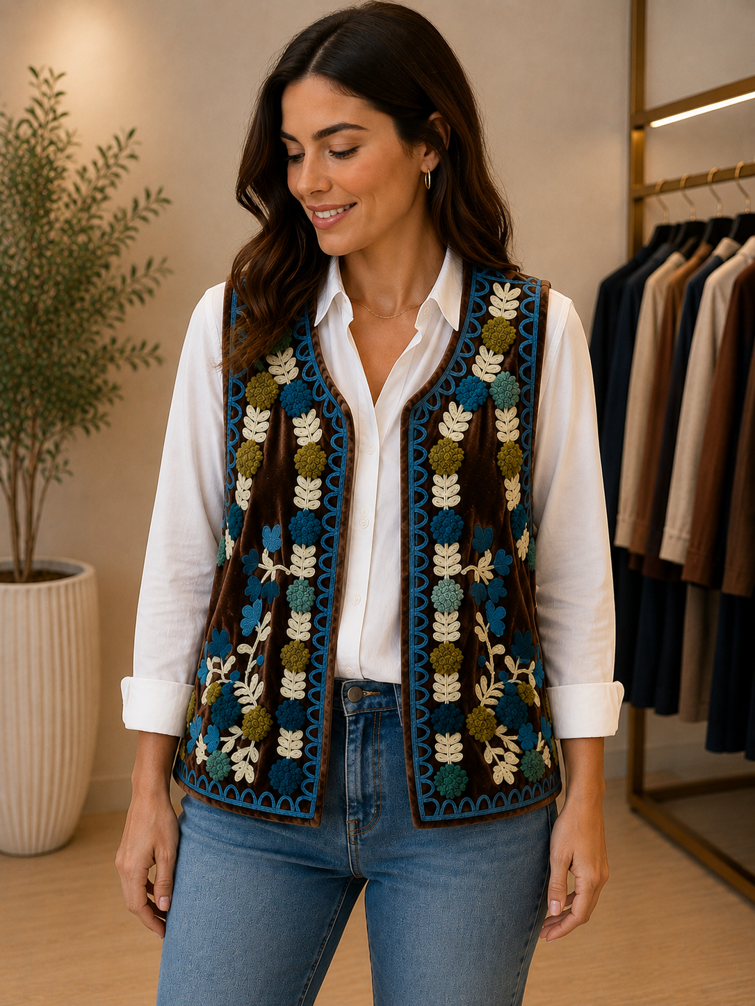 Gilet in velluto marrone con ricami