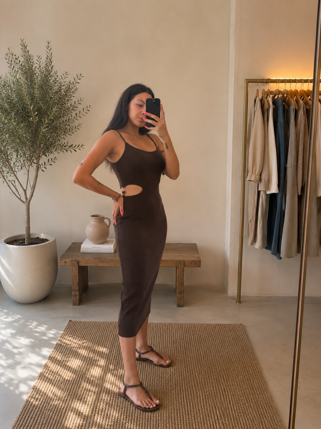 Abito Midi a coste con cut-out laterale chocolate