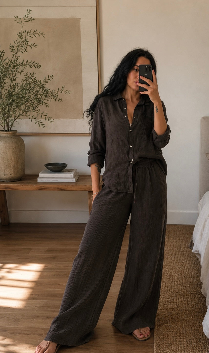 Pantalone lino largo con coulisse