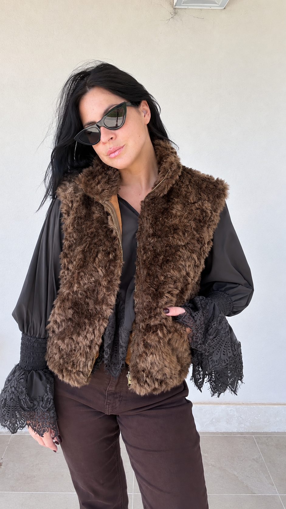 Gilet aviatore in ecopelle scamosciata camel
