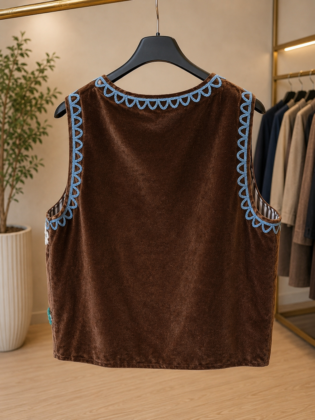 Gilet in velluto marrone con ricami