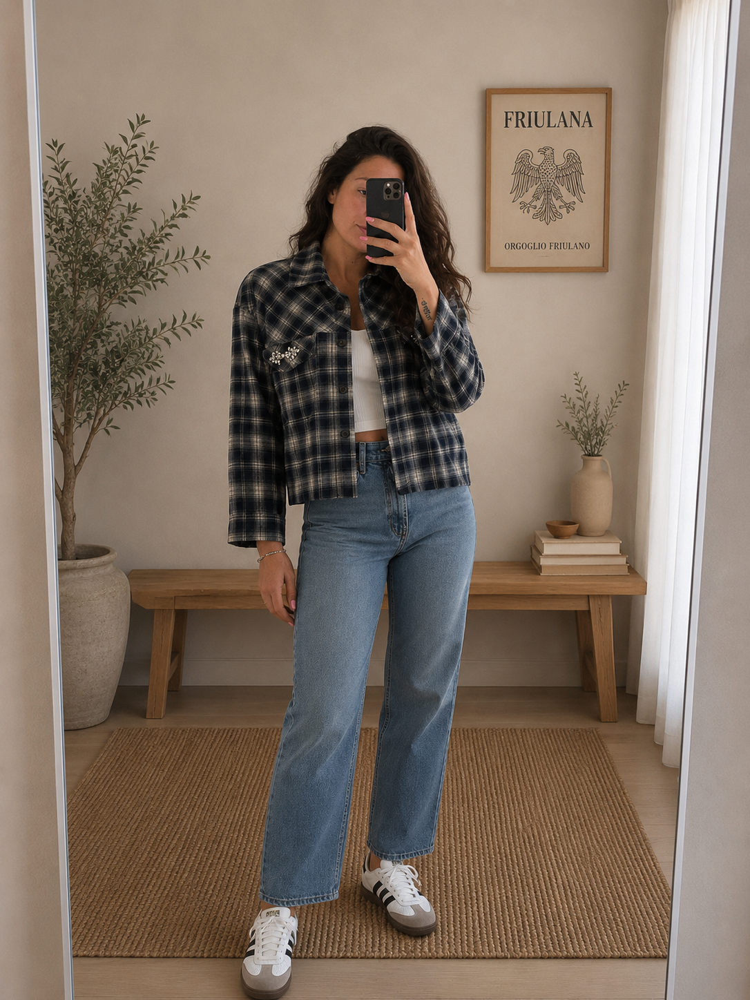 Camicia crop scozzese blu