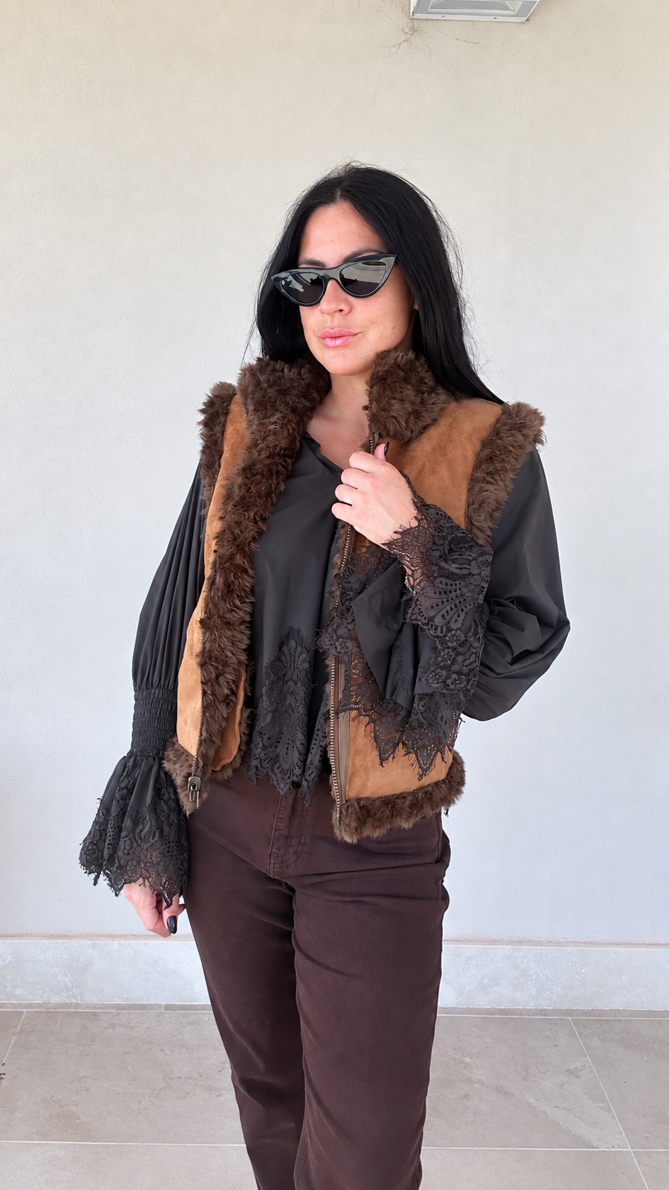 Gilet aviatore in ecopelle scamosciata camel