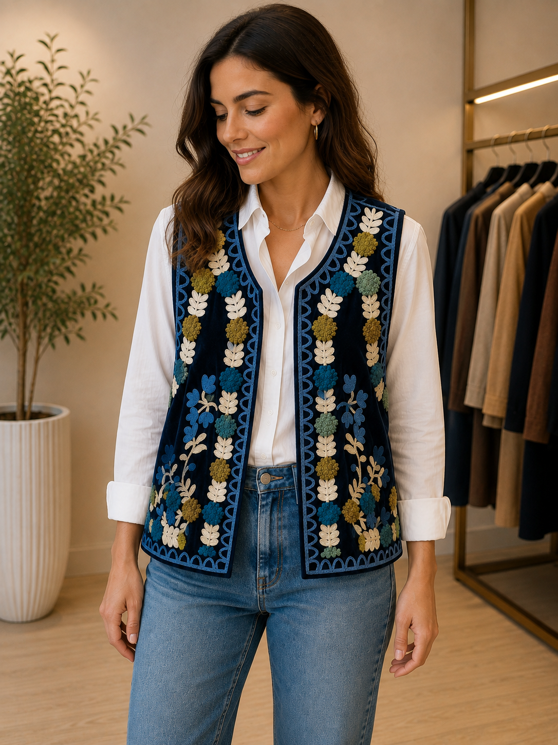 Gilet in velluto blu con ricami