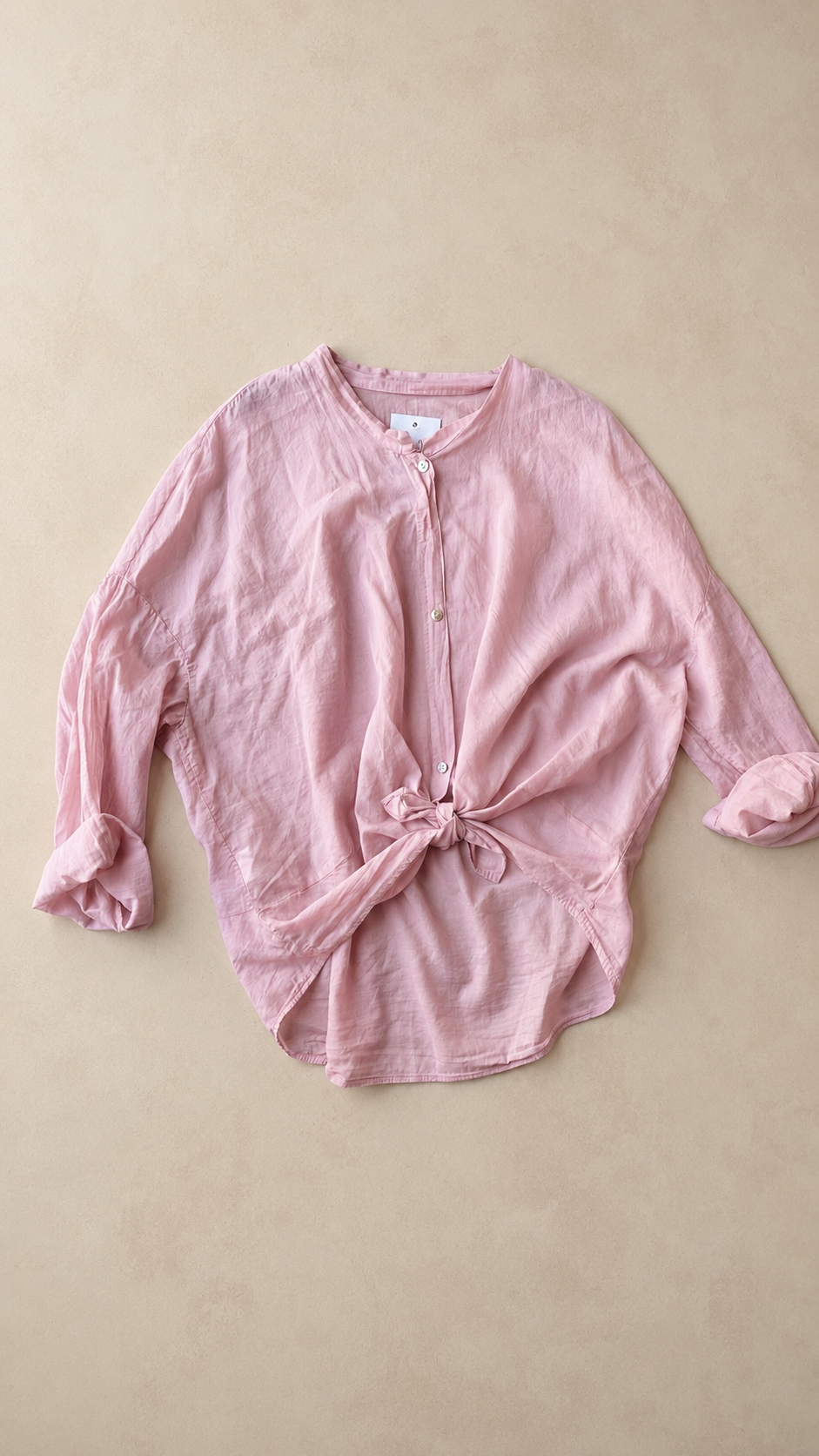 Camicia di cotone collo coreana con nodino rosa
