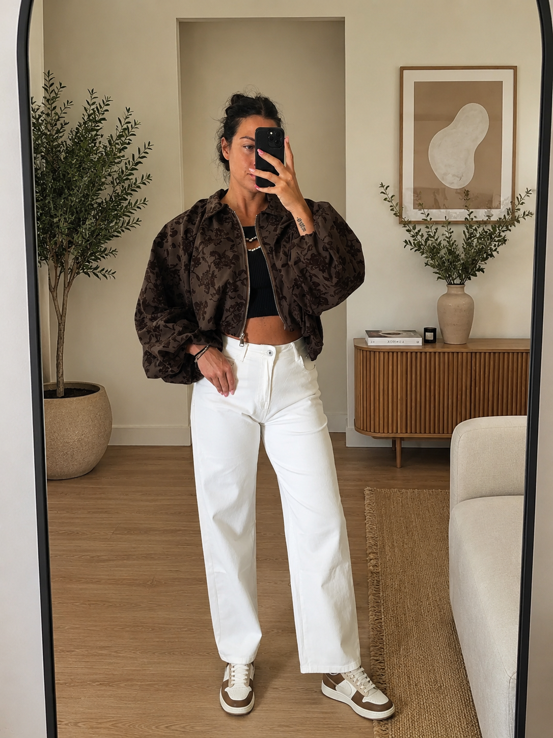 Bomber cropped jacquard floreale marrone