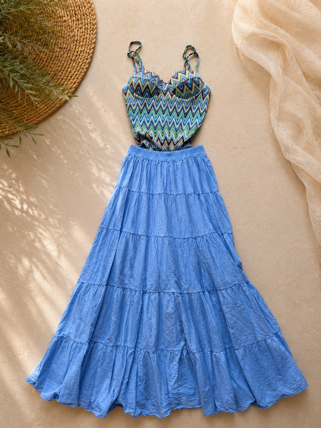Gonna a balze in cotone celeste
