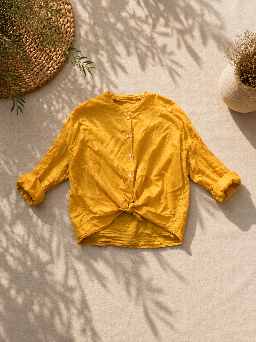 Camicia di cotone collo coreana con nodino senape