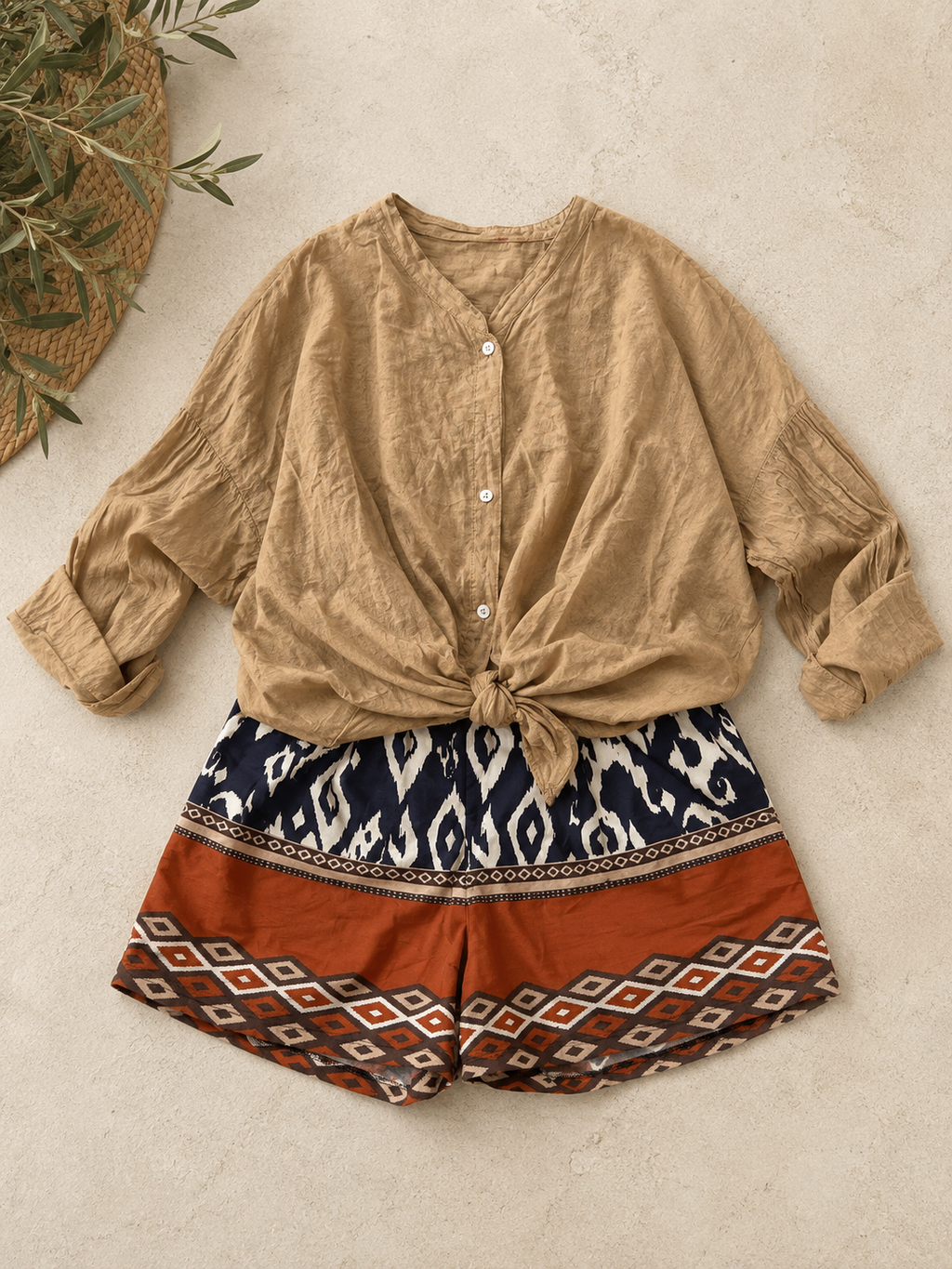 Camicia di cotone collo coreana tabacco