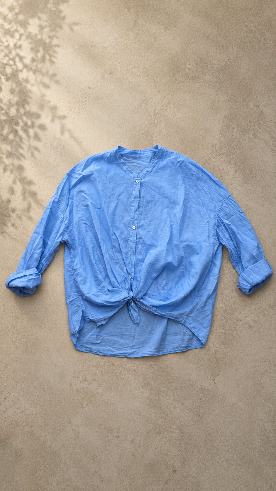 Camicia di cotone collo coreana con nodino celeste