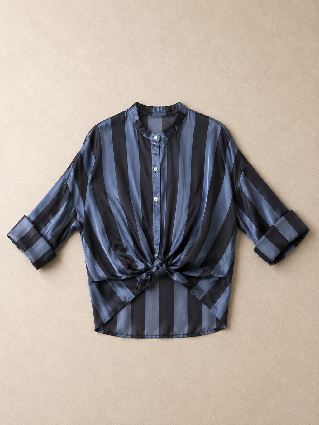 Camicia a righe con nodino davanti celeste marrone