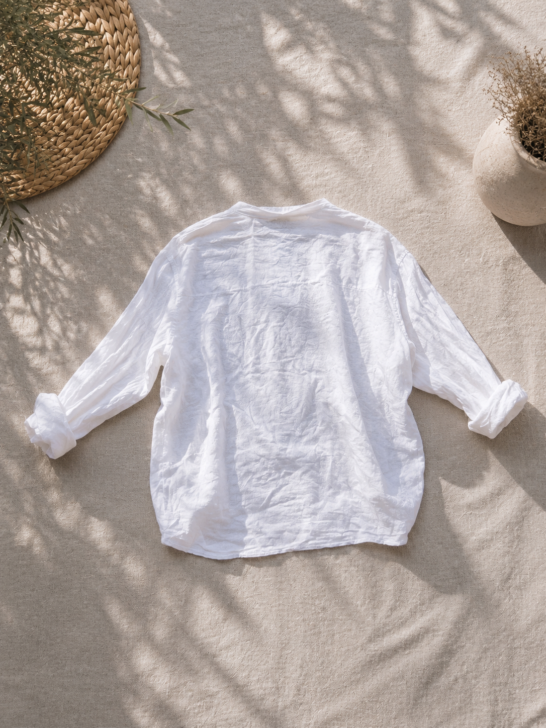 Camicia di cotone collo coreana con nodino bianca