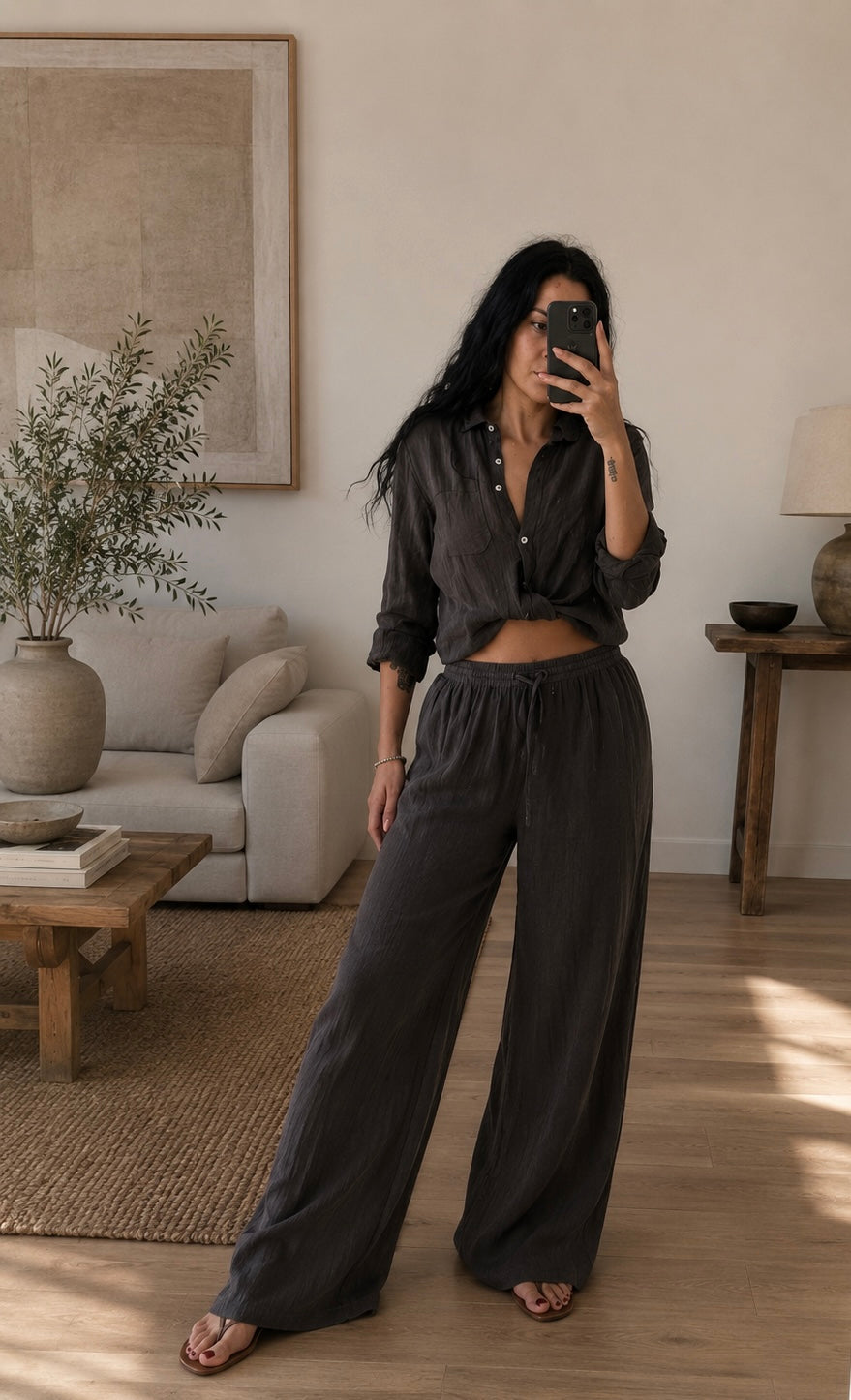 Pantalone lino largo con coulisse