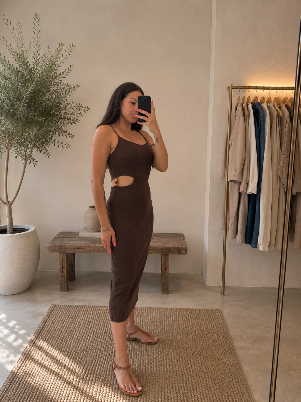 Abito Midi a coste con cut-out laterale chocolate