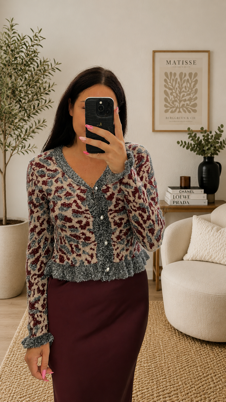 Cardigan lurex argento/bordeaux