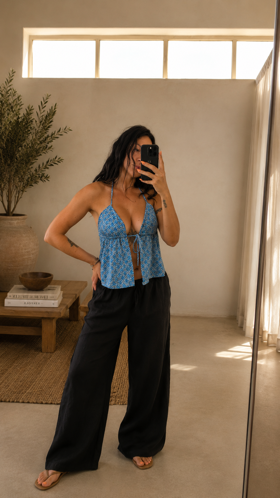 Pantalone lino largo con coulisse