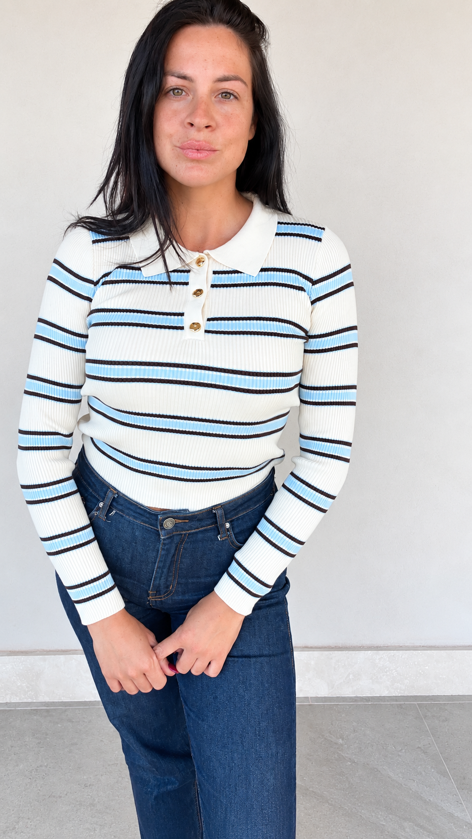 Maglia polo a costine panna marrone celeste