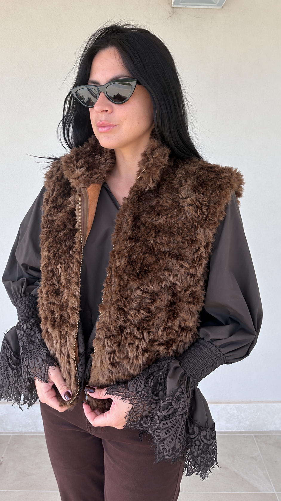 Gilet aviatore in ecopelle scamosciata camel