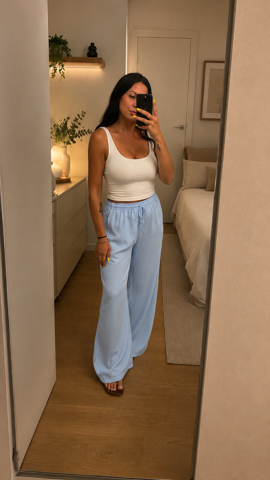 Pantalone largo lino celeste