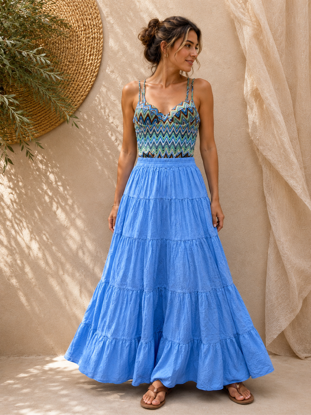Gonna a balze in cotone celeste