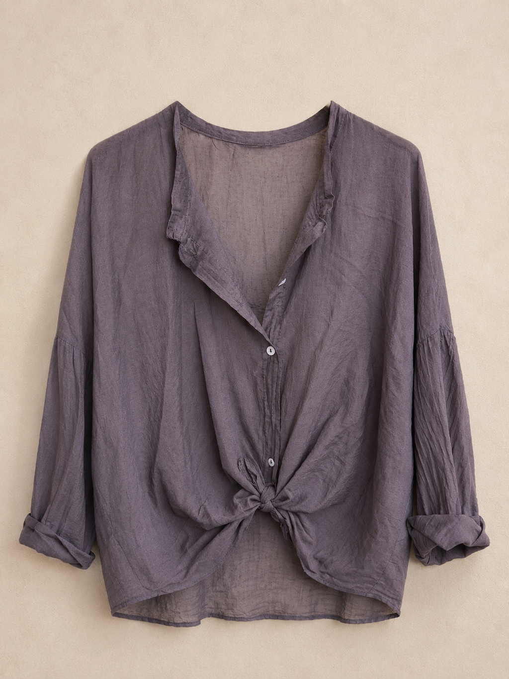 Camicia di cotone collo coreana con nodino marrone