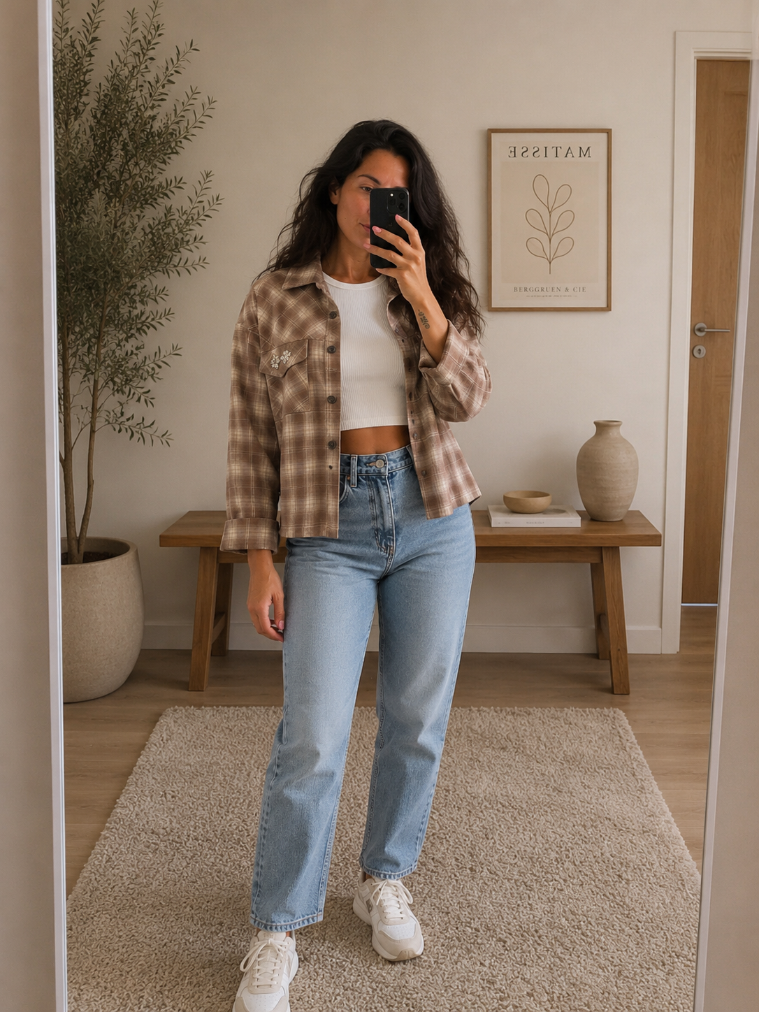 Camicia crop scozzese beige