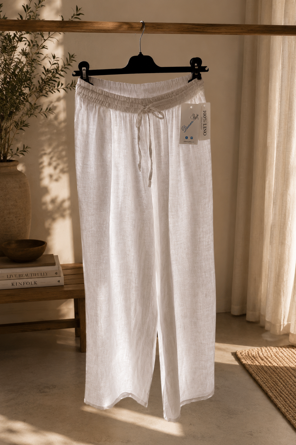 Pantalone lino largo con coulisse
