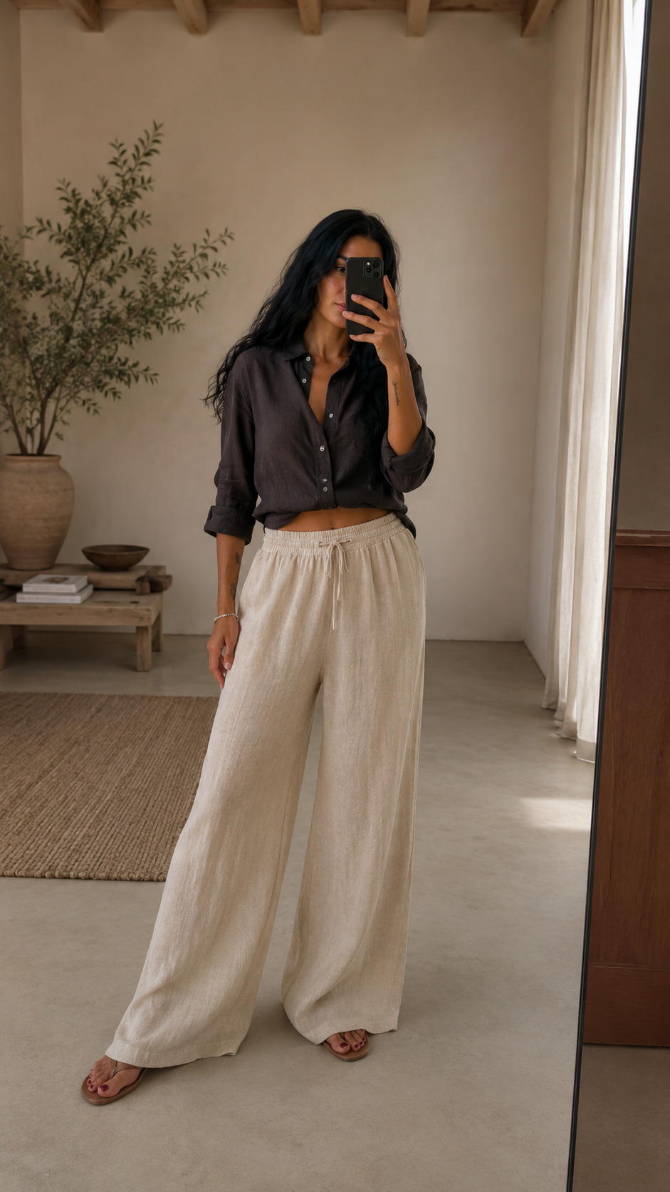 Pantalone lino largo con coulisse
