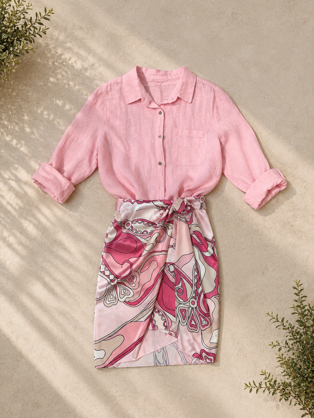 Camicia di lino con 2 tasche rosa