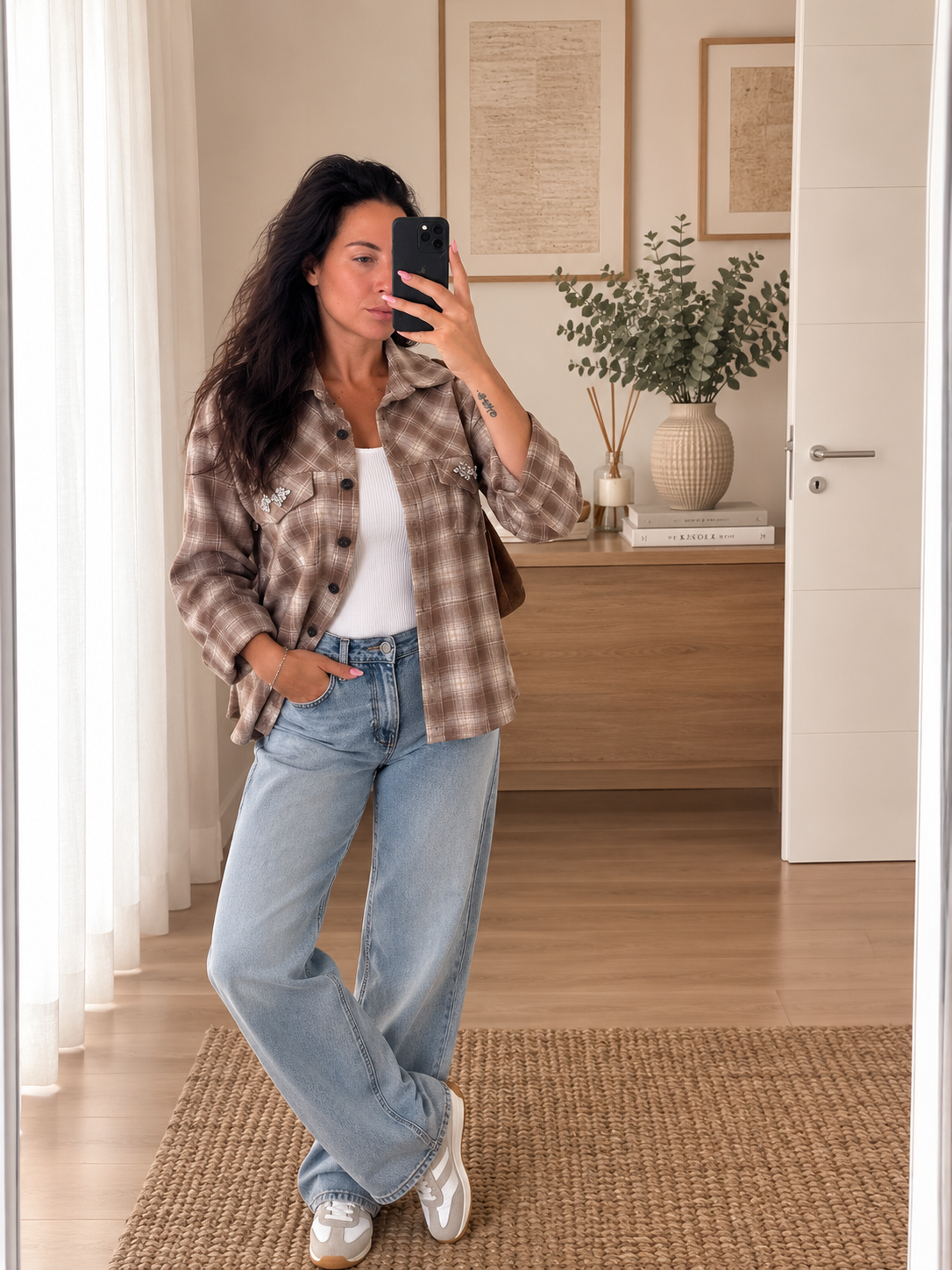 Camicia crop scozzese beige