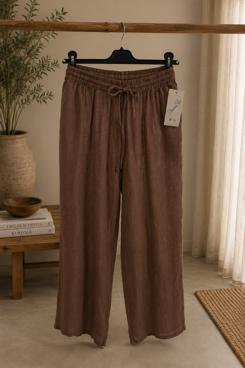 Pantalone lino largo con coulisse
