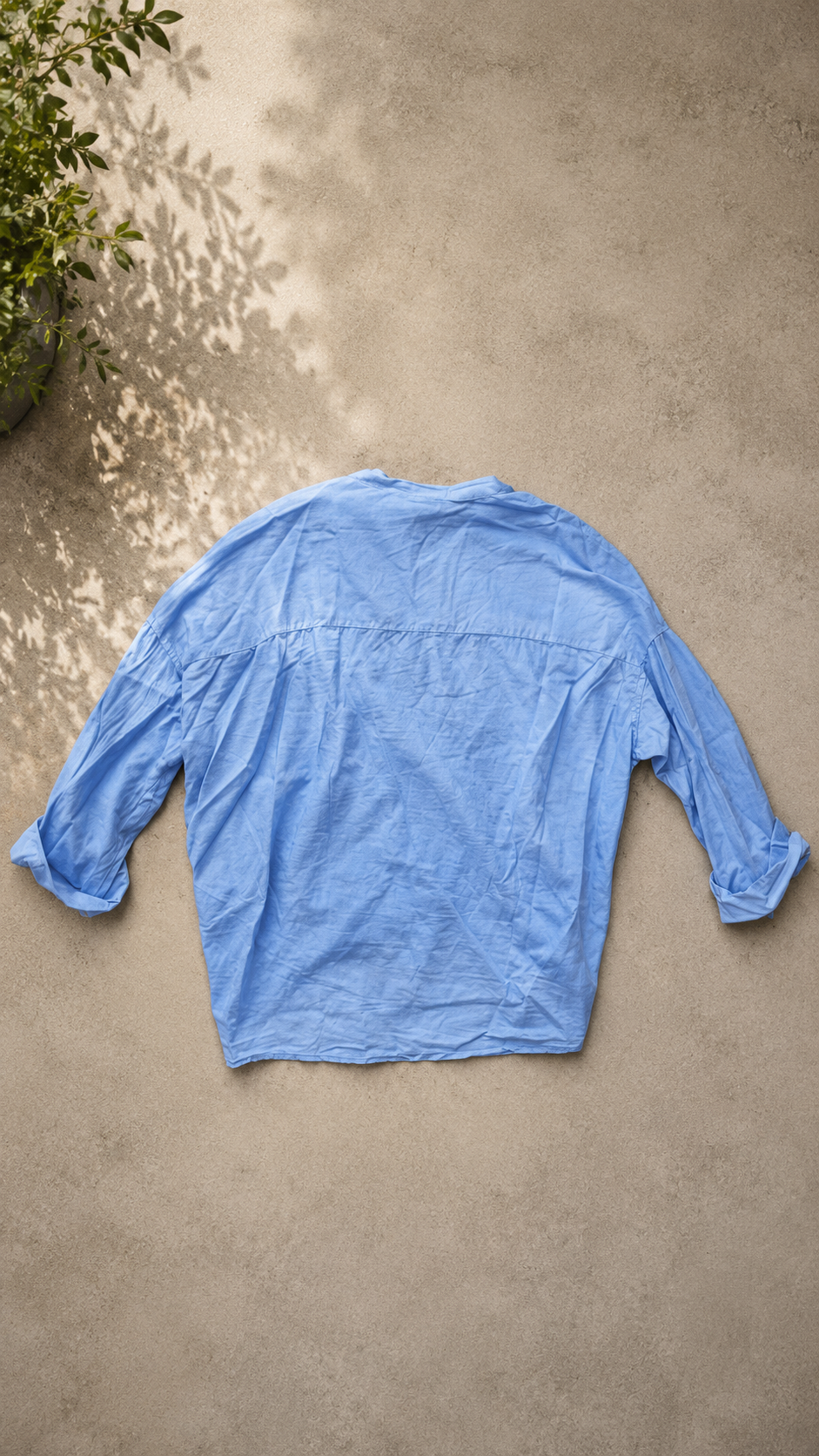 Camicia di cotone collo coreana con nodino celeste