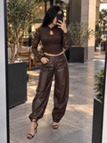 Pantalone wide leg in ecopelle trapuntata moro