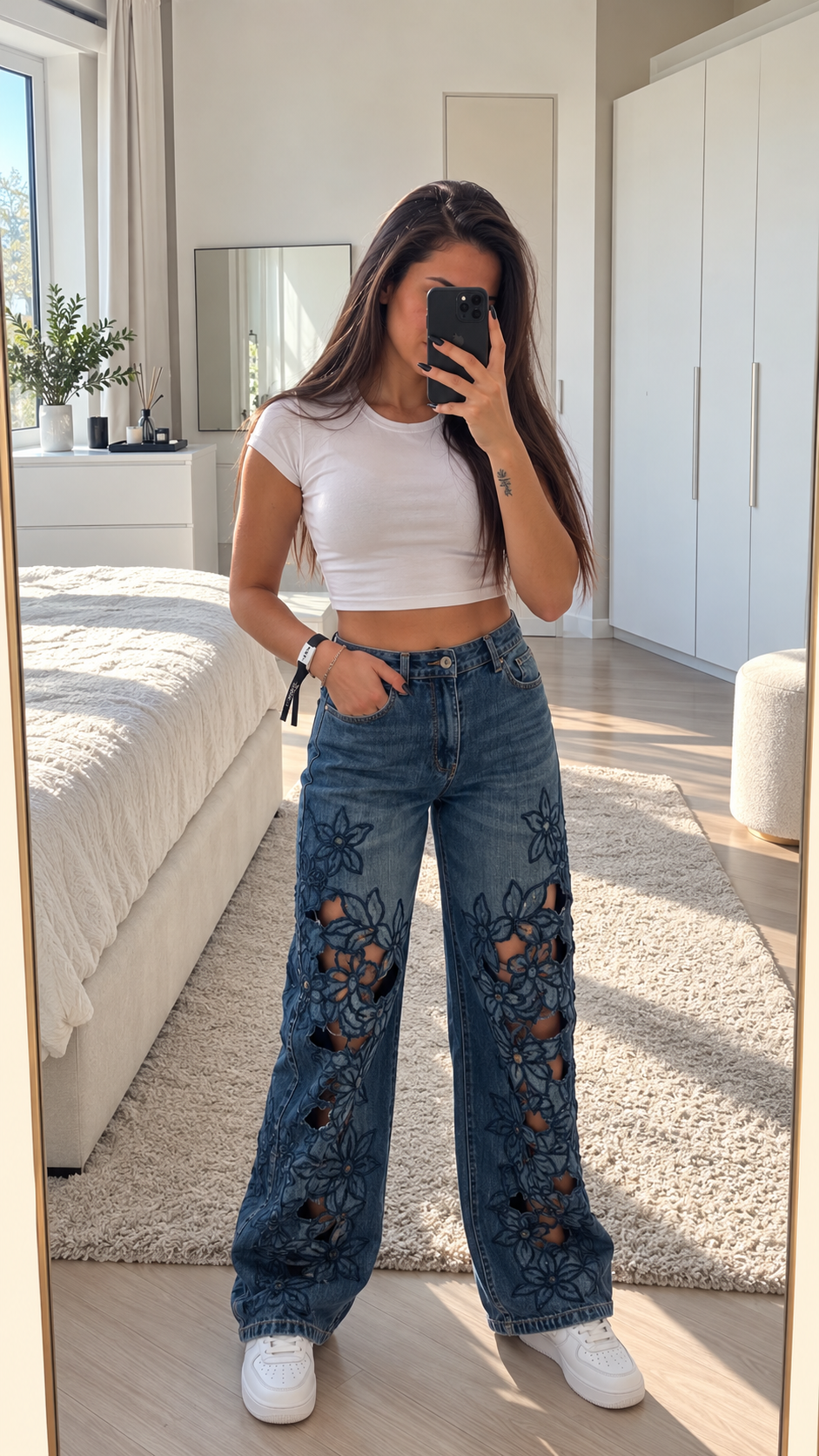 Jeans wide leg in denim blu con ricami floreali traforati