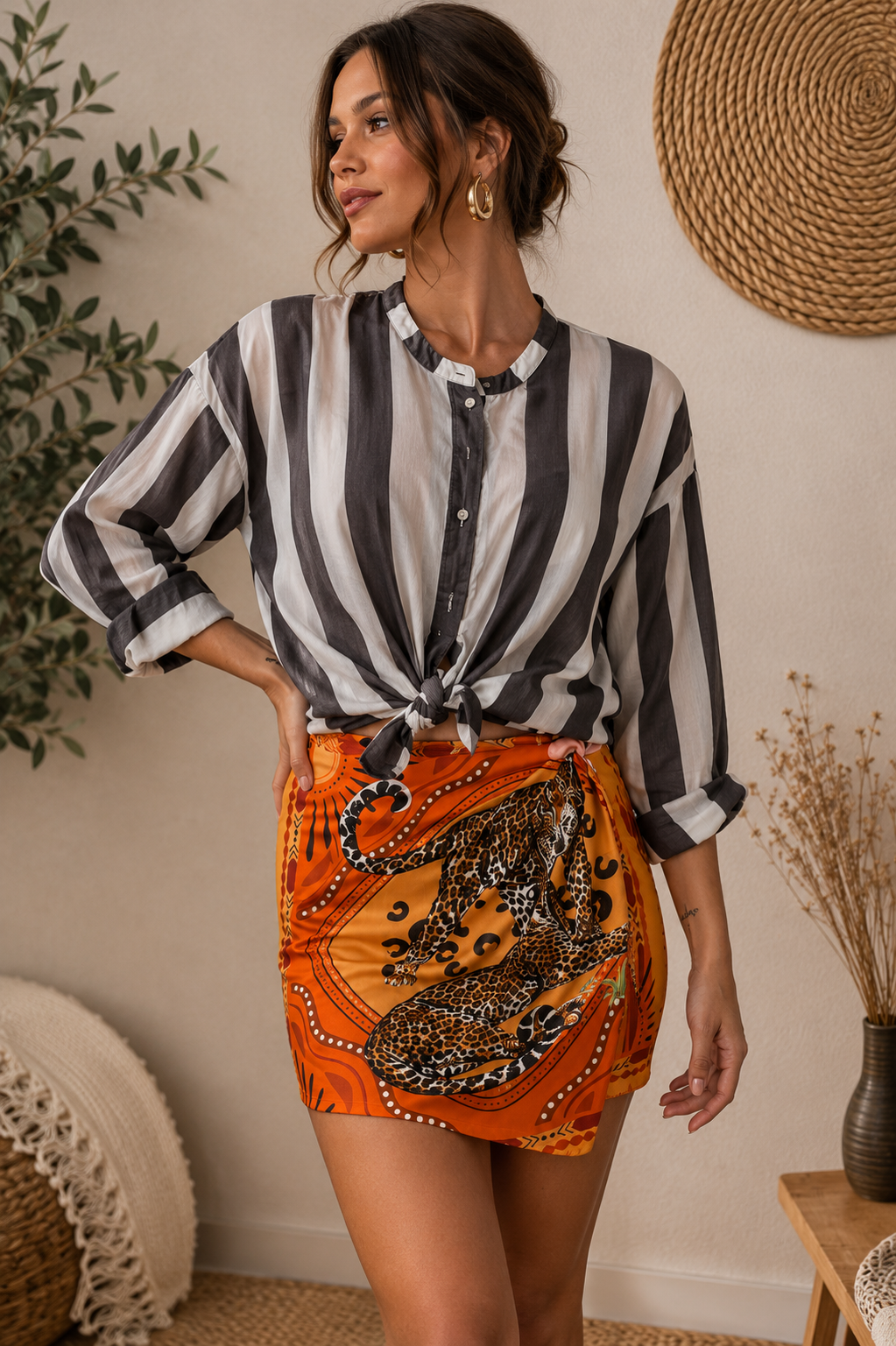 Camicia a righe con nodino crema