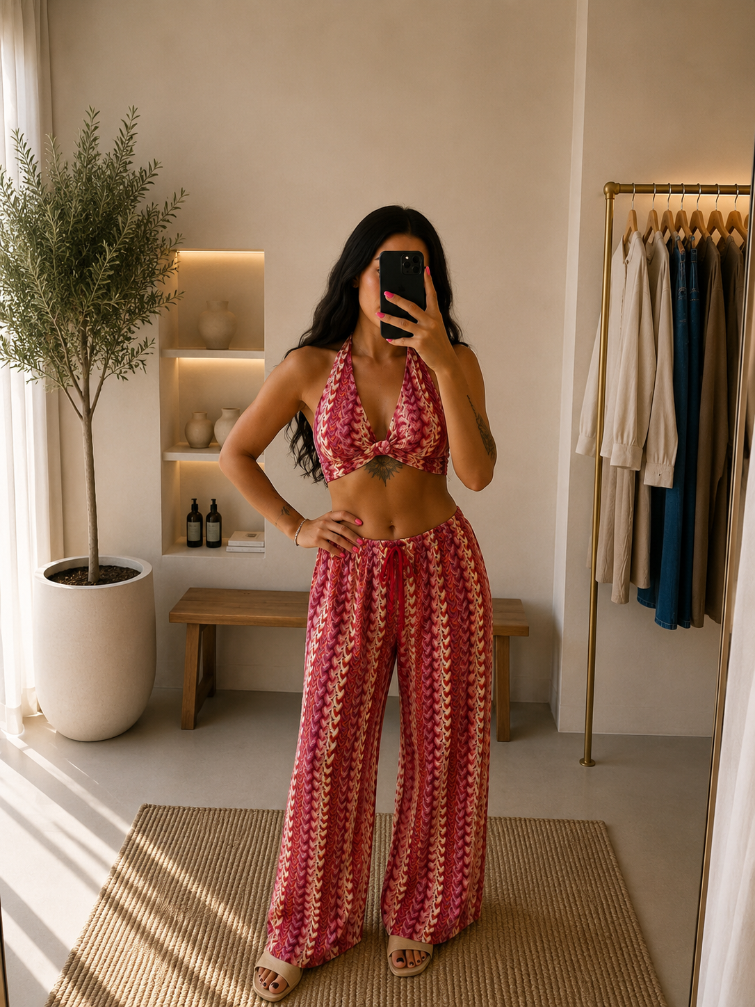 Top halter incrociato con stampa geometrica
