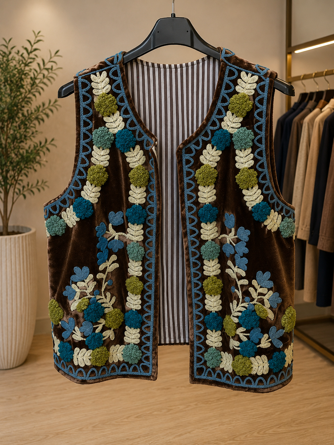Gilet in velluto marrone con ricami