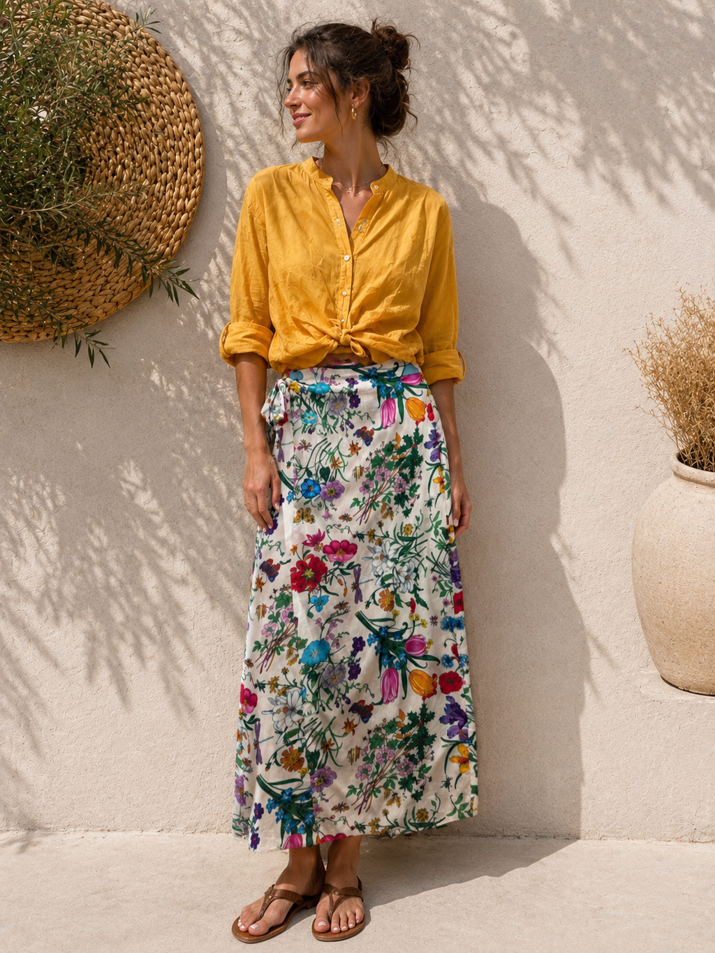 Camicia di cotone collo coreana con nodino senape