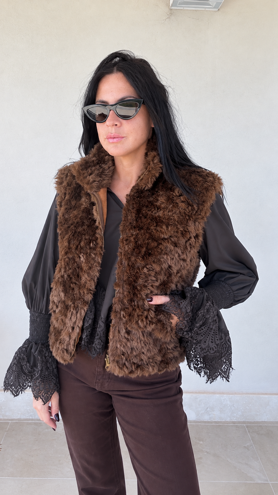 Gilet aviatore in ecopelle scamosciata camel