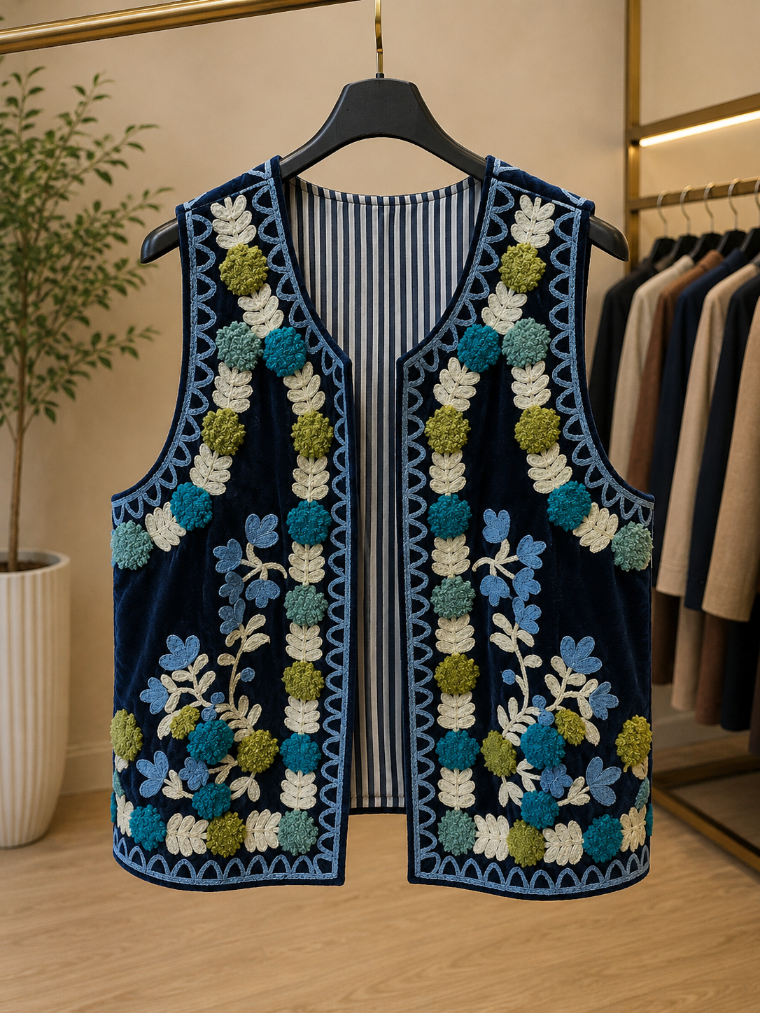 Gilet in velluto blu con ricami