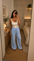 Pantalone largo lino celeste