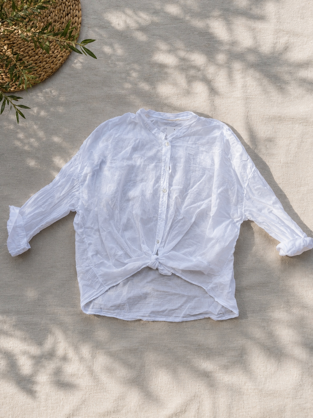 Camicia di cotone collo coreana con nodino bianca