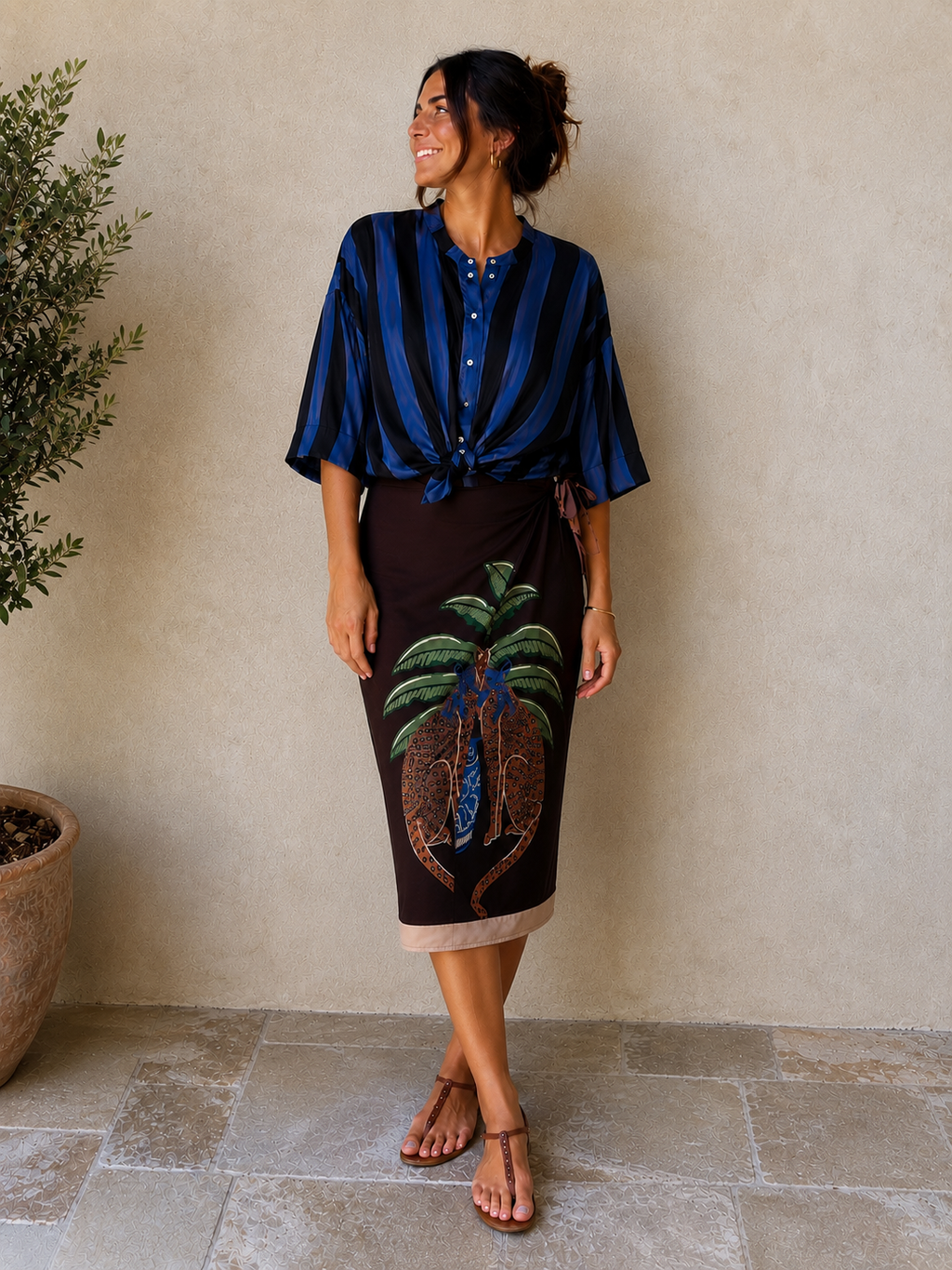 Camicia a righe con nodino davanti celeste marrone