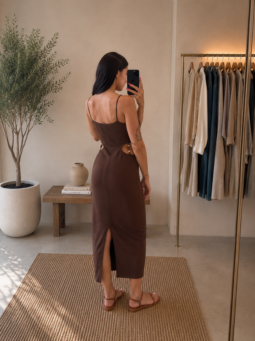 Abito Midi a coste con cut-out laterale chocolate